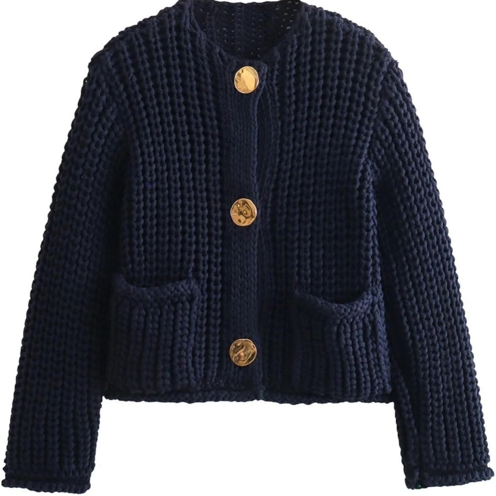 Influencer Chunky Knit Gold Button Cardigan Sweater SZ L - Picture 2 of 5